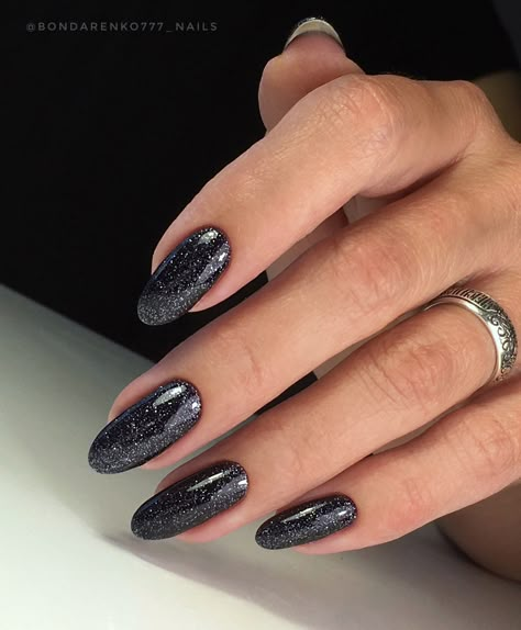 Simple Black Glitter Nails, Black And Silver Aura Nails, Black Glitter Almond Nails, Black Shiny Nails, Black Glittery Nails, Sparkly Black Nails, Black Nails With Glitter, Glittery Nails, Minimal Nails