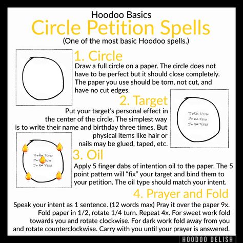 One of the oldest, easiest, and simplest Hoodoo spells is the circle petition.  Circles contain energy and force it into a shape. Personal effects like a written name and birthday connect a prayer or petition to a particular target. Intention oil is charged with the ingredients and prayers necessary to achieve a particular goal. And your personal prayer adds the power necessary to make this petition transformed from a simple piece of paper into a full spell. Petitions Witchcraft, Bone Magic, Hoodoo Delish, Hoodoo Conjure Rootwork, Hoodoo Rootwork, Hoodoo Magic, Hoodoo Conjure, Hoodoo Spells, Voodoo Hoodoo