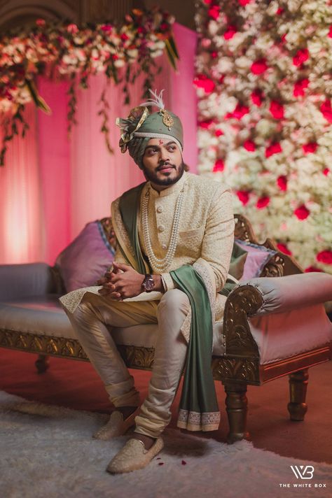 Glam Delhi Wedding With A Rani Pink Lehenga Dulha Collection Men, Manyavar Kurta Indian Weddings, Dulha Single Pose Wedding Photos, Groom Single Poses Indian Wedding, Dulha Singal Pose, Dulha Pose Wedding Photos, Dulha Pose Single, Bride Groom Photoshoot Indian, Pagdi Wedding Grooms