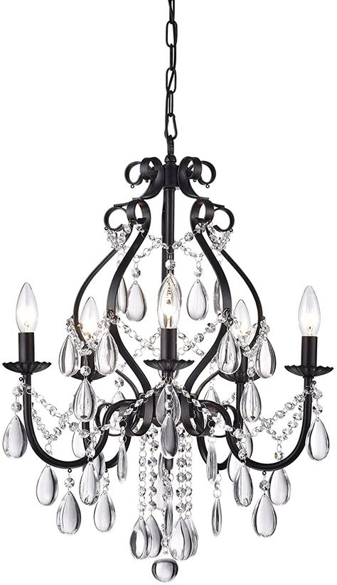 Black And Crystal Chandelier, Chandelier Bedroom Modern, Glam Bedroom Ideas, Black Crystal Chandelier, Dimmable Floor Lamp, Foyer Dining Room, Glam Lighting, Hanging Ceiling Light, Glam Bedroom