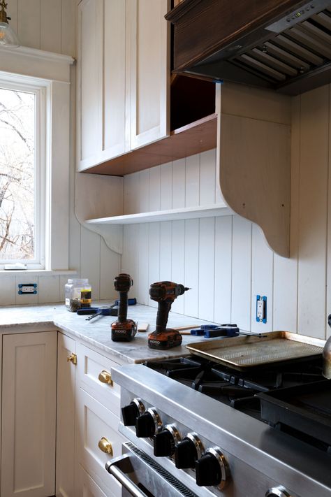 Farmhouse Kitchen // Adding A Shelf Below Our Upper Cabinets (+ other layouts we considered) — The Grit and Polish Farmhouse Kitchen Shelf, Farmhouse Kitchen Shelves, The Grit And Polish, Grit And Polish, Painting Kitchen Cabinets White, Diy Kitchen Shelves, Update Kitchen Cabinets, Wooden Kitchen Cabinets, Upper Kitchen Cabinets