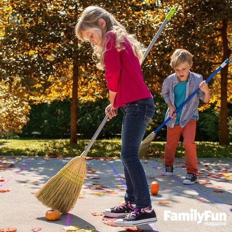 Speed Sweep: Kids can burn off energy (and build their leaf-raking muscles!) with this fast-paced fall game. Pumpkin Broom Race, Harvest Games, Scout Games, Fall Festival Games, Game Booth, Pumpkin Games, Fun Halloween Party Games, Festival Games, Room On The Broom