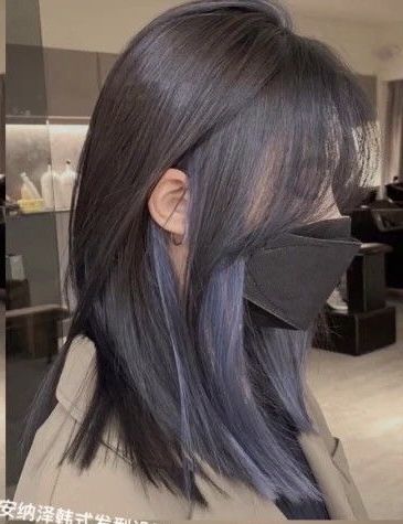 Ash Blue Peekaboo Hair, Ashy Blue Highlights, Hair Dye Ideas For Long Black Hair, Ash Blue Highlights On Black Hair, Types Of Ways To Dye Hair, Dark Dyed Hair Ideas, Blue Gray Highlights On Dark Hair, Silver Blue Peekaboo Hair, Hair Dye For Indian Skin Tone