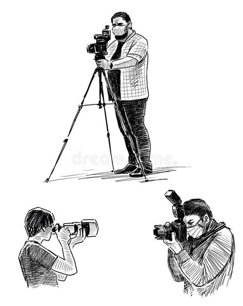 Person Taking Picture With Camera, Camera Man Drawing, Camera Drawing Reference, Photographer Sketch, Photographer Drawing, Book Pose, Camera Illustration, Pen And Ink Drawings, Camera Drawing