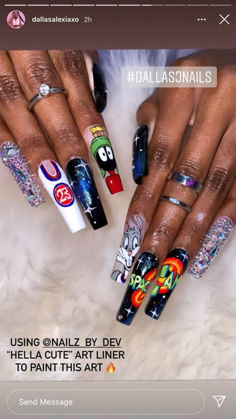 Space Jam Nails, Lola Bunny Nails, Looney Tunes Nails, Basketball Nail Designs, 90s Cartoon Nails Acrylic, Cartoons Nails, Competition Nails, Basketball Nails, Slay Nails