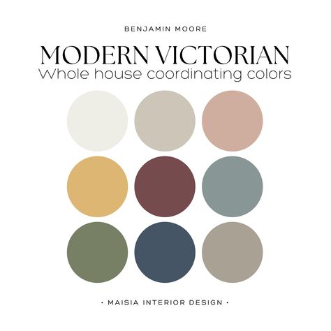 Explore Benjamin Moore's Color Palette, offering the best historical home paint colors for a MODERN VICTORIAN paint palette, perfect for creating a cohesive whole house paint palette that retains the charm of traditional architecture with a modern look. These colors have been hand selected by me to create a cohesive Paint Color Scheme that work perfectly together and will give your home a designer touch. Benjamin Moore offers an extensive range of paint colors, each with its distinct undertones, 1920s Home Color Palette, Colonial Home Interior Paint Colors, Colonial House Paint Colors, Weston Flax Benjamin Moore, House Pallet Colors, Edwardian Paint Colours, Transition Colors Between Rooms, Bm Nantucket Fog, House Paint Colour Schemes