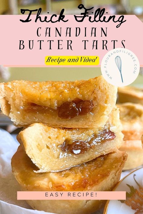 There is a stack of butter tarts cut in half to show the inside filling. Best Butter Tart Filling, Butter Tart Filling Recipe, Butter Tarts Recipe Easy, Buttertarts Recipe Canada, Canadian Butter Tarts Recipe, Butter Tarts Filling Recipe, Butter Tart Filling, Butter Tart Recipe, Butter Tarts Recipe