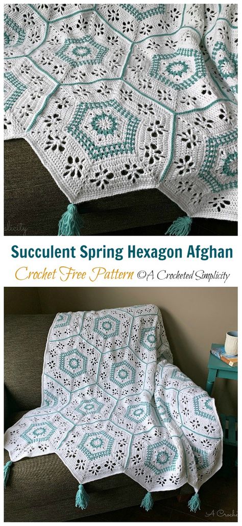 Succulent Spring Hexagon Afghan Crochet Free Pattern - Crochet & Knitting Hexagon Square Crochet, Hexagon Crochet Motif, Afgan Square Crochet Pattern Free, Hexagon Afghan Crochet Pattern, Hexagonal Granny Square Pattern, Hexagon Haken, Spring Crochet Patterns Free, Crochet Hexagon Pattern, Hexagon Crochet Blanket