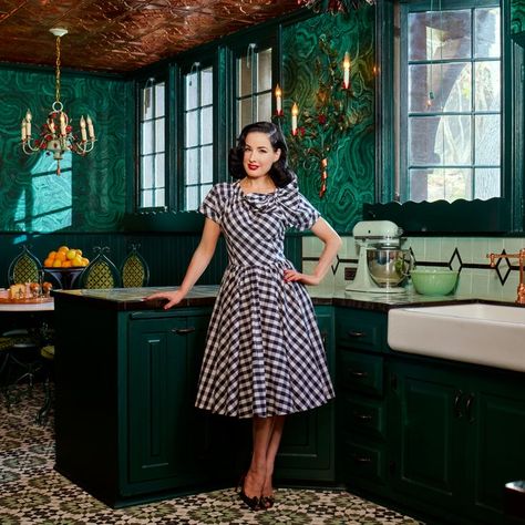 Step Inside Dita Von Teese's One-of-a-Kind L.A. Home | Architectural Digest Dita Von Teese Home, Dita Von Tees, Dita Von Teese Style, Rose Bowl Flea Market, Blue Couches, Retro Housewife, British Racing Green, Dita Von, Dita Von Teese