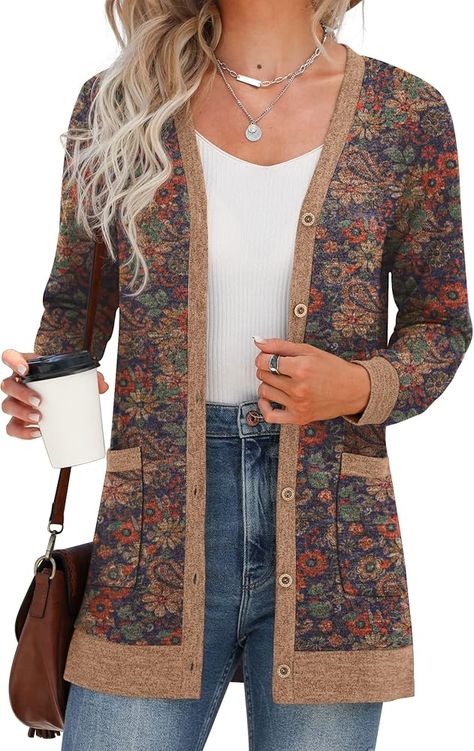 GRECERELLE Paisley Floral Print Open Front Cardigan for Women Button Down Lightweight Outerwear with Pocket at Amazon Women’s Clothing store Lightweight Open Front Cardigan, Cardigan For Women, Business Casual Work, Knit Outerwear, Dryer Machine, Cardigan Long, Cardigan Sweaters For Women, T-shirts & Tank Tops, Look Casual