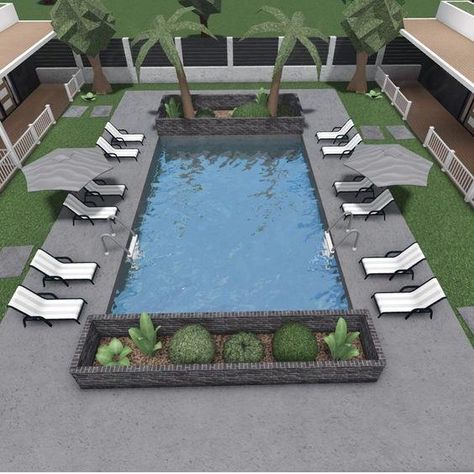 Bloxburg Community Pool, Blocksburg Pool Ideas, Bloxburg Outside Pool Ideas, Pool Ideas Bloxburg Aesthetic, Cute Bloxburg Pool Ideas, Bloxburg Hotel Pool Ideas, Outside Bar Bloxburg, Big Backyard Ideas Bloxburg, Bloxburg Pool House Ideas