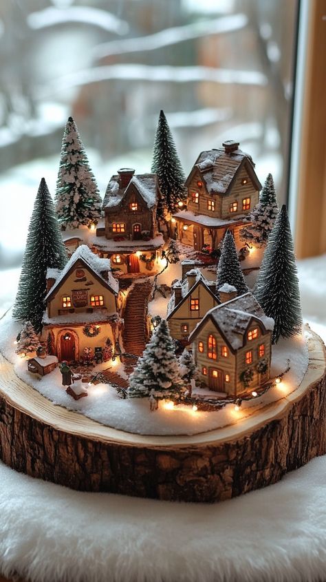 Christmas village on a wooden slice surrounded by snowy trees and lights, showcasing cozy winter home decor and detailed miniatures. Diy Miniature Christmas Village, Rustic Christmas Village Display, Log Christmas Decorations, Christmas Village Aesthetic, Wooden Christmas Village Houses, Display Christmas Village, Christmas Village Set Up Ideas, Christmas Village Ideas, Christmas Village Displays