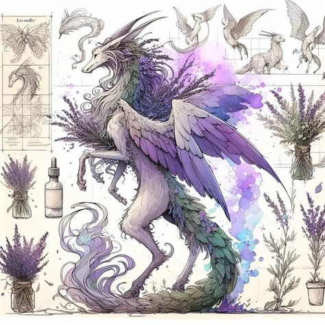 Page 25 - 28: "Manifestations of Lavender" #aiart #aiartwork #aiartcommunity #aisketch #aiconceptart #fantasy #fantasycreature #fieldguide #beastiary #lavender #dragon #nature #elf #hippogriff #fantasybeast #forest Flying Mythical Creatures, Mythical Sketches, Flying Mount, Nature Elf, Lavender Dragon, Dragon Inspiration, Forest Dragon, Purple Dragon, Fantasy Creature