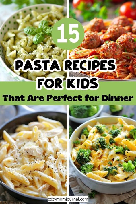 15 kid-friendly pasta recipes perfect for dinner, featuring pesto, meatballs, creamy sauce, and broccoli variations. Simple Veggie Pasta Recipes, School Pasta Lunch Ideas, Simple Pasta Dinner Ideas, Healthy Pasta Recipes For Kids, Best Kid Friendly Dinners, Pasta Recipes For Toddlers, Pasta Lunch Box Ideas, Pasta Kids Love, Pasta Meals For Kids