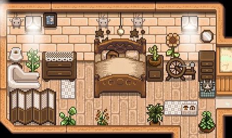 Stardew Valley Aesthetic House, Stardew Planner, Stardew Valley Bedroom Ideas, Stardew Valley Nursery, Stardew Bedroom, Stardew Valley Bedroom Design, Stardew Valley Sebastian X Farmer, Stardew Valley House Interior No Mods, Stardew House Interior