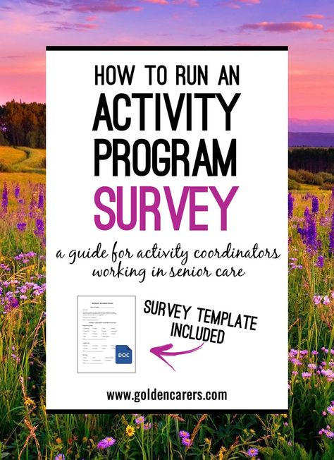 A Guide for Activity Coordinators working in Senior Care.  Ask your clients for feedback regarding your Program and how to improve it. Survey template included. Activities Coordinator, Senior Center Activities, Assisted Living Activities, Activities Director, Senior Living Activities, Nursing Home Activities, Therapeutic Recreation, Survey Template, Recreation Therapy