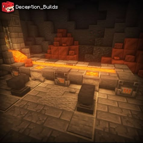 Minecraft Automatic Furnace, Minecraft Black Smith Interior, Minecraft Forge Room Ideas, Minecraft Abandoned Mine, Minecraft Nether Shop Ideas, Blast Furnace Minecraft Design, Minecraft Furnace Room Design, Minecraft Vault Interior, Minecraft Blacksmith Forge