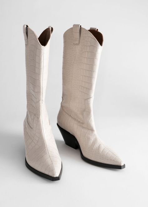 Croc Embossed Leather Cowboy Boots - White - Boots - & Other Stories Mid Calf Cowboy Boots, Cowboy Boot Outfits, Boot Outfits, White Cowboy Boots, Brown Cowboy Boots, Boots White, Leather Cowboy Boots, White Boots, Cowboy Boot