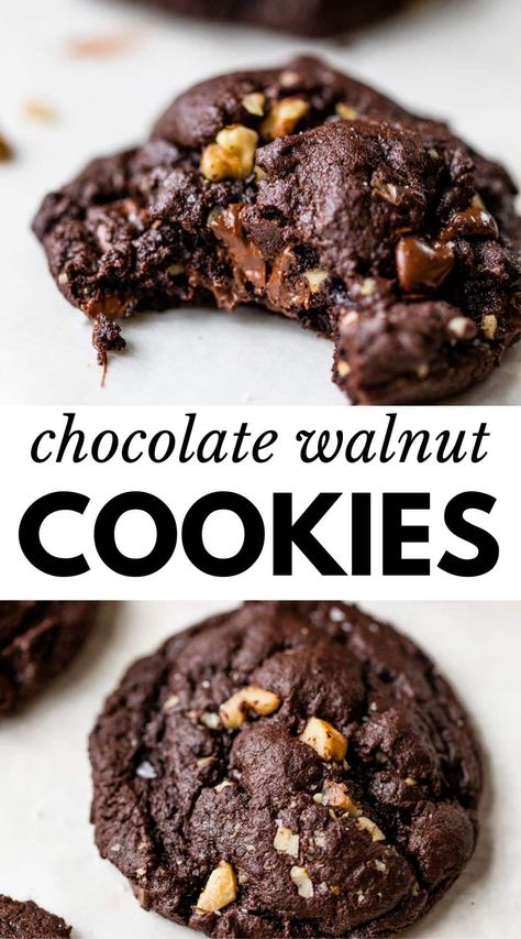 Chocolate Walnut Cookies Recipes, Chocolate Cookies With Walnuts Recipes, Chocolate And Walnut Cookies, Double Chocolate Walnut Cookies, Cookies Made With Cocoa Powder, Chocolate Mexican Wedding Cookies, Chocolate Chip Cookies With Walnuts Recipes Easy, No Bake Walnut Cookies, Dark Chocolate Walnut Cookies