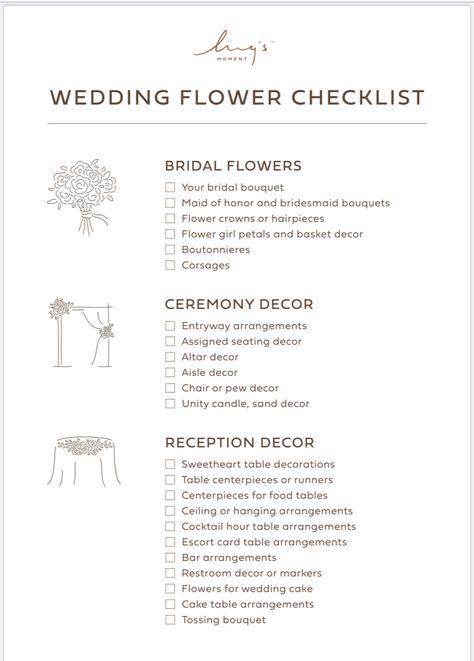 Wedding Floral List, Wedding Decor Checklist Detailed, Simple Wedding Checklist, Wedding Decor Checklist, Wedding Flower Types, Decor Checklist, Flower Girl Petals, Sweetheart Table Decor, Wedding Planning Guide