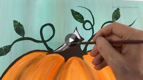 Beginner Pumpkin Painting | This is one of my favorite pumpkin painting tutorials for beginners! 🎨 In this video I'll show you step by step how to paint your own pair of pumpkins... | By Emily Seilhamer Art | Here's another beginner pumpkin
painting tutorial. Start with your mop brush and pick colors
for your background. I want it to be bright so I'm using a
bright sea foam green and a little bit of tan on my brush
together and then on my 16 by 20 stretch canvas, I'm just
going to do simple up and down strokes blending those colors
together. Keep dipping into those shades, I'm even going to
dip into a little bit of dark brown and continue blending as
you go. See how fun those colors are as they all play
together. Don't blend because you don't want it to turn all
into one shade but you als Paint A Pumpkin, Campfire Foods, Painting Tutorials For Beginners, Campfire Food, Painting Pictures, Acrylic Painting For Beginners, Pumpkin Painting, Round Brush, Play Together