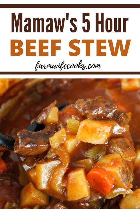 Mamaw's 5 Hour Beef Stew is an old fashioned, thick, beef stew recipe that easy is to make and a family favorite! 5 Hour Stew With Tapioca, Grandmas Beef Stew Recipe, Five Hour Beef Stew, Christmas Beef Stew, Crockpot Beef Stew With Tapioca, 5 Hour Stew, 5 Hour Beef Stew With Tapioca, Oven Beef Stew Easy, 5 Hour Beef Stew Oven