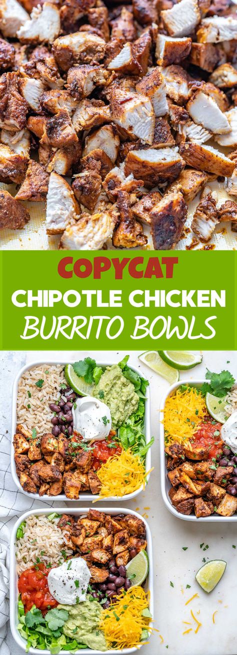 Copycat Chipotle Chicken Burrito Bowls CFC Style | Clean Food Crush Chicken Burrito Bowl Chipotle, Chipotle Rice Bowl Copycat, Chipotle Chicken Burrito Recipe, Chipotle Copycat Bowl, Burrito Bowl With Chipotle Black Beans, Lunch Burrito Bowl, Rubios California Bowl Recipe, R3 Week 1 And 2, Chicken Bean Bowl