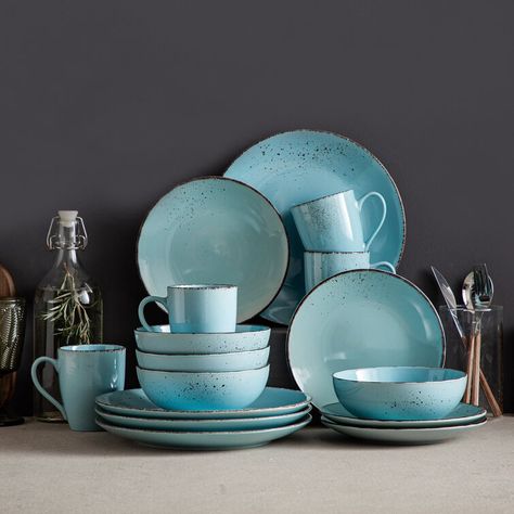 Millwood Pines Neal Stoneware Dinnerware - Set of 16 & Reviews | Wayfair Dinnerware Sets Unique Wood, Blue Dinnerware Sets Ceramic, Dining Sets Plates, Coastal Dinnerware Sets, Ceramic Table Setting, Rustic Dinnerware Sets, Dinnerware Sets Unique, Dishes Sets, Unique Dinnerware