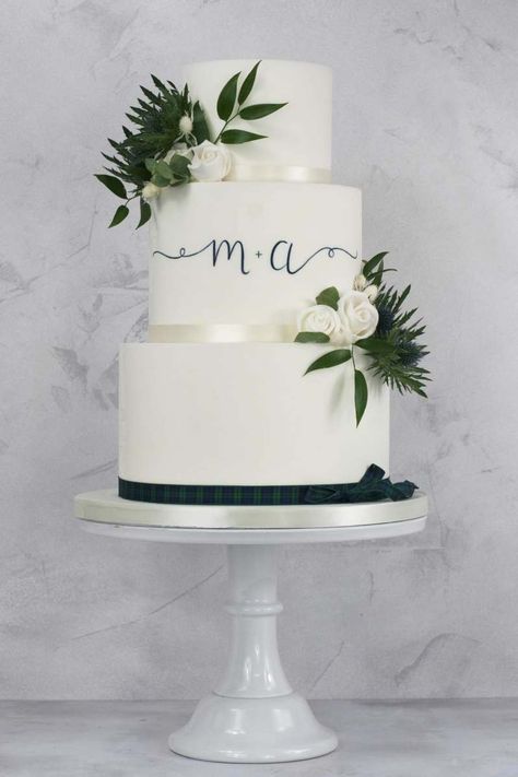 Scottish Wedding Cake Ideas, Scottish Wedding Cakes, Tartan Ribbon, Wedding Cake Ideas, Sugar Rose, Cake Wedding, A Monogram, Scottish Wedding, Wedding Board