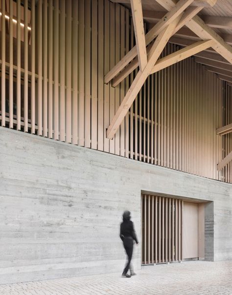 Timber And Concrete Architecture, Wood Facade Architecture Design, Wood Concrete Architecture, Wood Structure Architecture, Concrete And Wood Architecture, Wood And Concrete Architecture, Stuttgart Library, Linear Architecture, Stone Arches