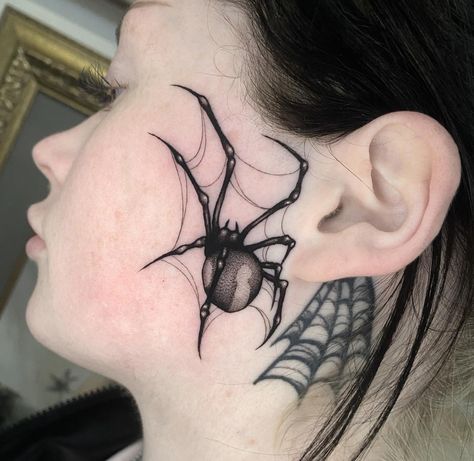 Spider Throat Tattoo, Spiderweb Face Tattoo, Spider Face Tattoo, Face Tattoo Ideas For Men, Woman Face Tattoo, Face Tattoo Ideas, Burn Tattoo, Small Face Tattoos, Tattoos Face