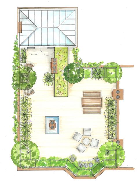 Roof Terrace Landscape Design, Terrace Garden Plan Layout, Roof Landscape Design Plan, Landscape Design Rooftop, Green Roof Terrace, Roof Garden Plan Design, Terrace Gardening Ideas, Terrace Design Plan, Roof Garden Design Architecture