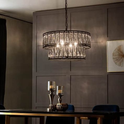 Aulia Modern Black 4-Light Crystal Glass 2-Tier Drum Glass Chandelier Foryer Hall Lighting - 15.5D"x10.5"H - On Sale - Bed Bath & Beyond - 35369690 Dining Room Light Fixtures Low Ceiling, Modern Glam Chandelier, Entryway Chandelier, Hall Lighting, Entryway Lighting, Dining Room Light Fixtures, Modern Crystal Chandelier, Dining Hall, Drum Chandelier