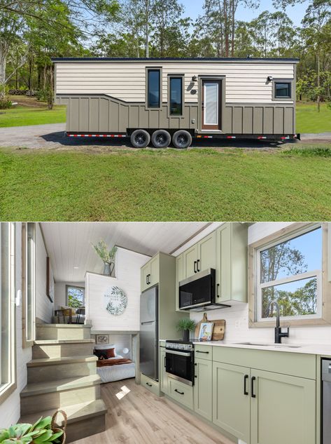 Hornby Tiny House Fits Small Family in Reverse Loft Layout Double Loft Tiny House Luxe, 2 Story Tiny House, No Loft Tiny House On Wheels, 20 Ft Tiny House On Wheels, Small Houses On Wheels, Expandable Tiny House On Wheels, Loft Layout, 2 Story Tiny House On Wheels, Tiny House Floor Plans