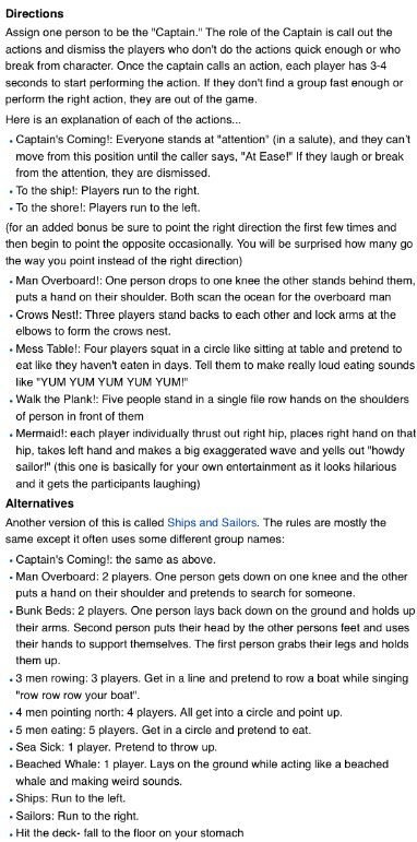 THEATRE GAMES: Ships and Sailors, or Hit The Deck. MY FAVORITE GAME. I call it Ships and Sailors, but I use sets of rules from both. It gets intense. My favorite rule that they left out is "Titanic!", in which one person spreads out their arms and another grabs their waist. That's always fun. Hit The Deck Game, Fun Lock In Games, Pirate Gym Games, Ships And Sailors Game Rules, Senior Assassin Game Rules, Lock In Activities, Ships And Sailors Game, Gym Games For Kids, Camp Games