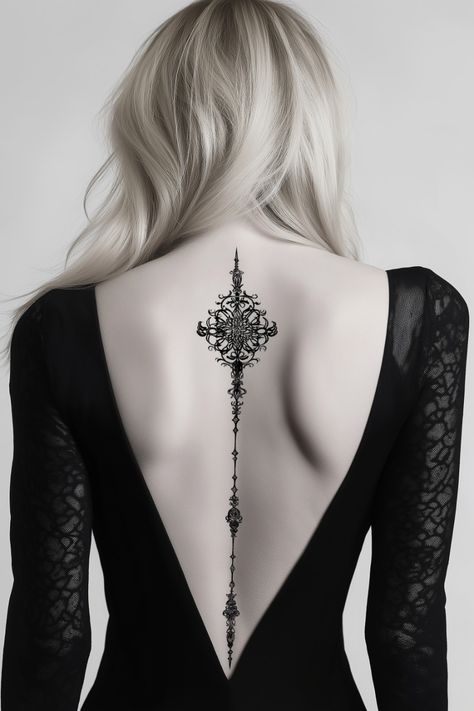 Back Tattoos On Women, Center Of Back Tattoo, Women's Spine Tattoos, Spinal Scar Tattoo, Gothic Spine Tattoos For Women, Fantasy Spine Tattoo, Dragon Tattoo On Spine, Back Tattoos Women Spine, Art Nouveau Back Tattoo