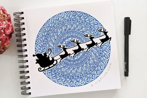 Santa Claus Sleigh & Reindeer Mandala ❤️ Get traceables and practice sheets on my Patreon page (link on bio) ❤️ #mandala #art #christmas #craftisaart #santaclaus #drawing Christmas Mandala Drawings, Mandala Christmas Cards, Santa Claus Mandala Art, Christmas Mandala Drawing, Mandala How To Draw, Santa Claus With Reindeer, Draw A Mandala, Mandala Art For Beginners, Draw Mandala