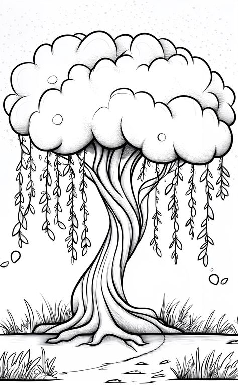 A beautifully detailed whimsical tree with fluffy leaves and hanging vines, set in a serene landscape. Leaves Coloring, Hanging Leaves, Leaf Coloring Page, Whimsical Tree, Tree Doodle, Tree Coloring Page, Club Ideas, Leaf Coloring, Art Club