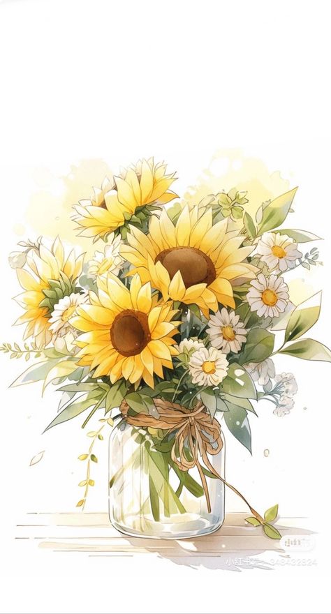 Sunflower Bouquet Drawing, Flower Bouquet Drawing, Whimsy Art, Sunflower Drawing, Sunflowers And Daisies, Foto Transfer, Flowers In Jars, Floral Moon, Sunflower Bouquets