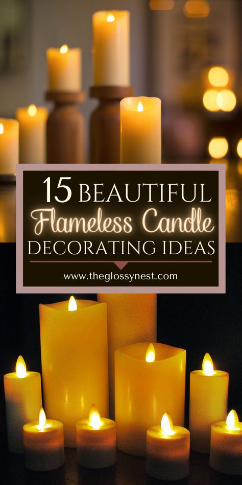 Tea Light Candle Decoration Ideas, Candle Grouping Ideas, Candles In Living Room Ideas, Table Candles Decor, Faux Candle Centerpieces, Candle Center Piece Dining Table, Candle Lanterns Decor Ideas Living Room, Candle Shelf Decor, Candles In Bedroom Aesthetic