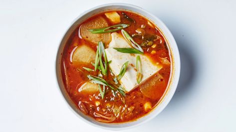 This Tofu Kimchi Soup Recipe is So Easy, I Have It Memorized | Bon Appétit Kimchi Soup Recipe, Kimchi Stew Recipe, Eat When Sick, Gochujang Recipe, Kimchi Stew, Tofu Soup, Bowl Of Soup, Easy Soups, Tempeh