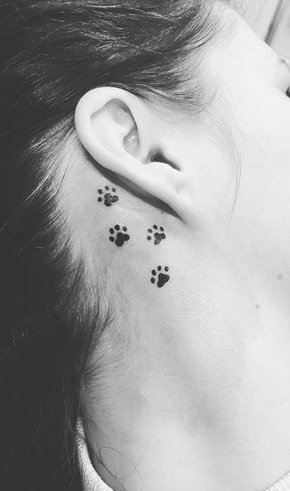 185 Trendy Behind the Ear Tattoos and Ideas - Tattoo Me Now Petite Tattoos Behind Ear, Pawprint Tattoo Behind Ear, Paw Print Ear Tattoo, Paw Prints Behind The Ear Tattoo, Tattoos For Behind The Ear For Women, Behind The Ear Tattoo Ideas Small Unique, Behind Ear Tattoo Small Simple, Paw Tattoo Behind Ear, Under Ear Tattoos Women