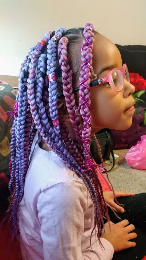 Unicorn Braids Black Women, Galaxy Braids For Black Women, Purple Braided Ponytail, Hairstyle For Black Kids, Purple Festival Braids, Braided Ponytail With Bangs For Kids, Unicorn Hairstyle, Unicorn Braid, Pink Braids