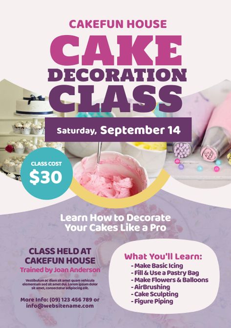 Cake Classes Poster, Beginners Cake Decorating, Class Poster Design, Decorating For Beginners, Decoration Class, Professional Cake Decorating, Unique Cakes Designs, Cake Decorating Courses, Free Design Templates