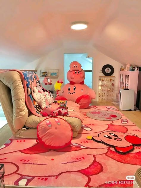 Kirby Room Aesthetic, Kirby Bedroom Ideas, Kirby Themed Room, Kirby Room Ideas, Kirby Room Decor, Kirby Furniture, Kirby Decor, Kirby Bedroom, Kirby Room