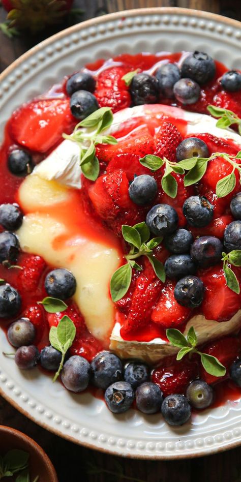 Baked Brie with Honey-Lemon Cooked Strawberries and Fresh Blueberries on a plate Blueberry Baked Brie, Brie Baked, Julia's Album, Brie Cheese Recipes, Baked Brie Recipes, Spring Appetizers, Brie Appetizer, Brie Recipes, Homemade Strawberry Jam