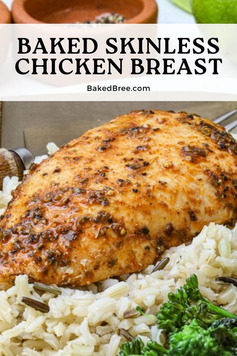 Simple yet satisfying: Oven-baked boneless chicken at its finest. Baked Skinless Chicken Breast, Baked Boneless Skinless Chicken Breast, Chicken Breast Baked, Baked Boneless Chicken, Baked Boneless Chicken Breast, Baked Bree Recipe, Chicken Breast Oven Recipes, Skinless Chicken Breast Recipes, Chicken Breast Recipe