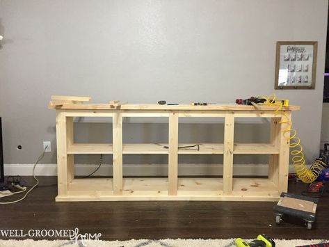 DIY TV Console Entertainment Center Plans Diy, Building A Tv Stand, Diy Under Tv Storage, Diy Under Tv Cabinet, Under Tv Storage, Diy Tv Stands, Diy Tv Console, Under Tv Shelf, Tv Console Diy