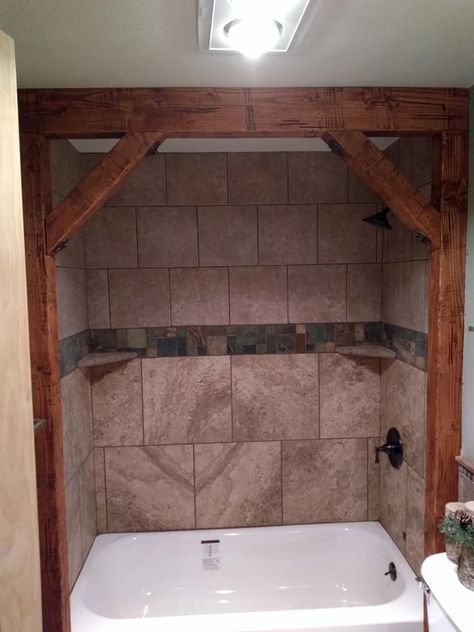 Rustic Drop In Tub Ideas, Rustic Tub Shower Combo, Rustic Bathtub Ideas, Bathtub Makeover, Rustic Bathtubs, Rustic Rooms, Rustic Bathroom Shower, Western Gothic, Ranch Ideas