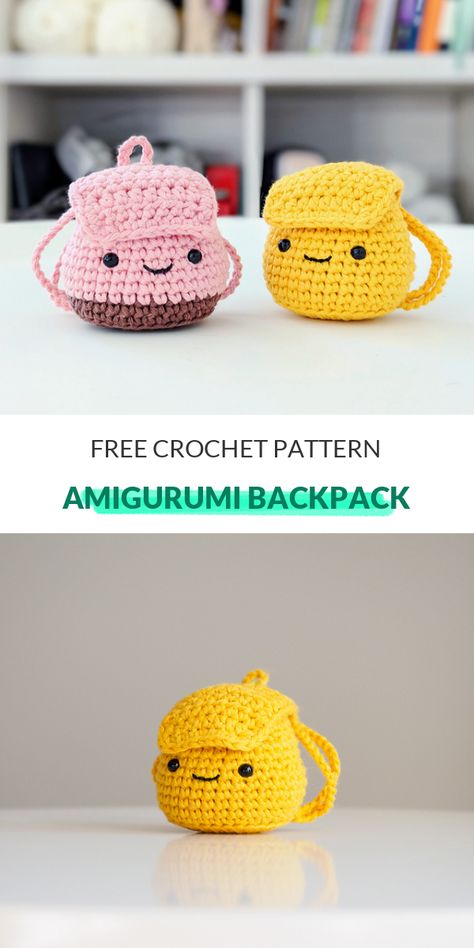 Tiny Doll Crochet Pattern Free, Mini Backpack Keychain Free Crochet Pattern, Tiny Backpack Crochet Pattern, Crochet Backpack For Doll, Crochet Tiny Backpack, Crochet Doll Backpack, Amigurumi Accessories Free Pattern, Crochet Mini Backpack Free Pattern, Amigurumi Backpack